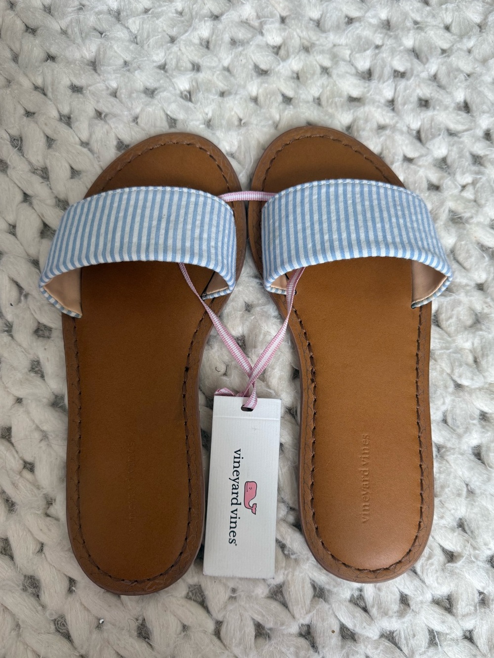 Vineyard Vines Seersucker Stripe Leather Slide Sandals Jake Blue Size 8 NWT